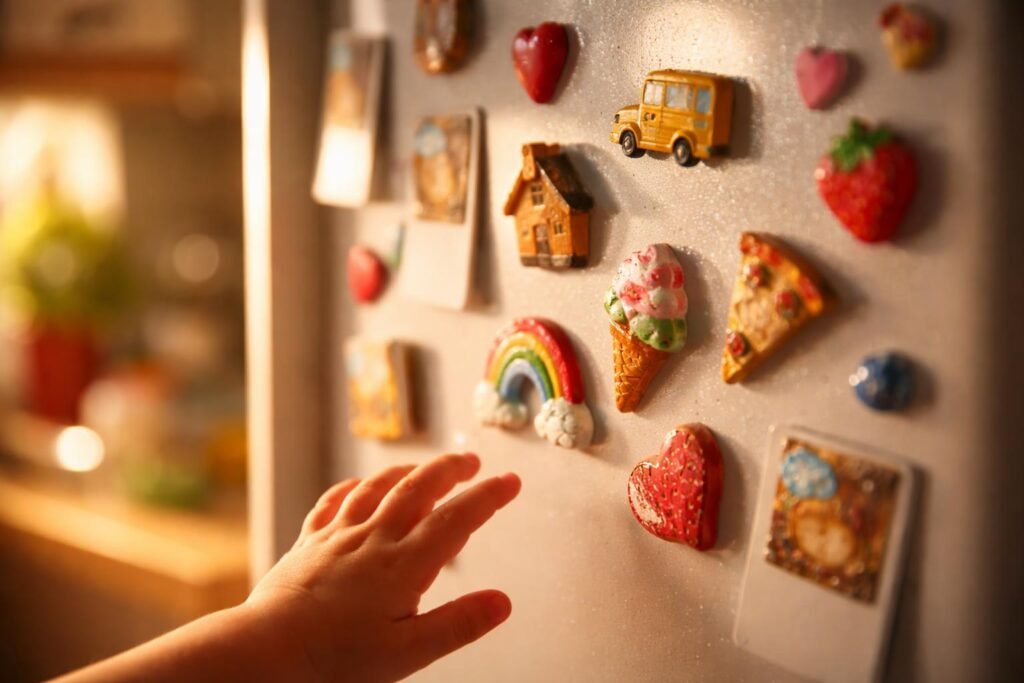 Kézzel látható hűtőmágnesek színes formákkal, jegyzetekkel és fotókkal a hűtőn