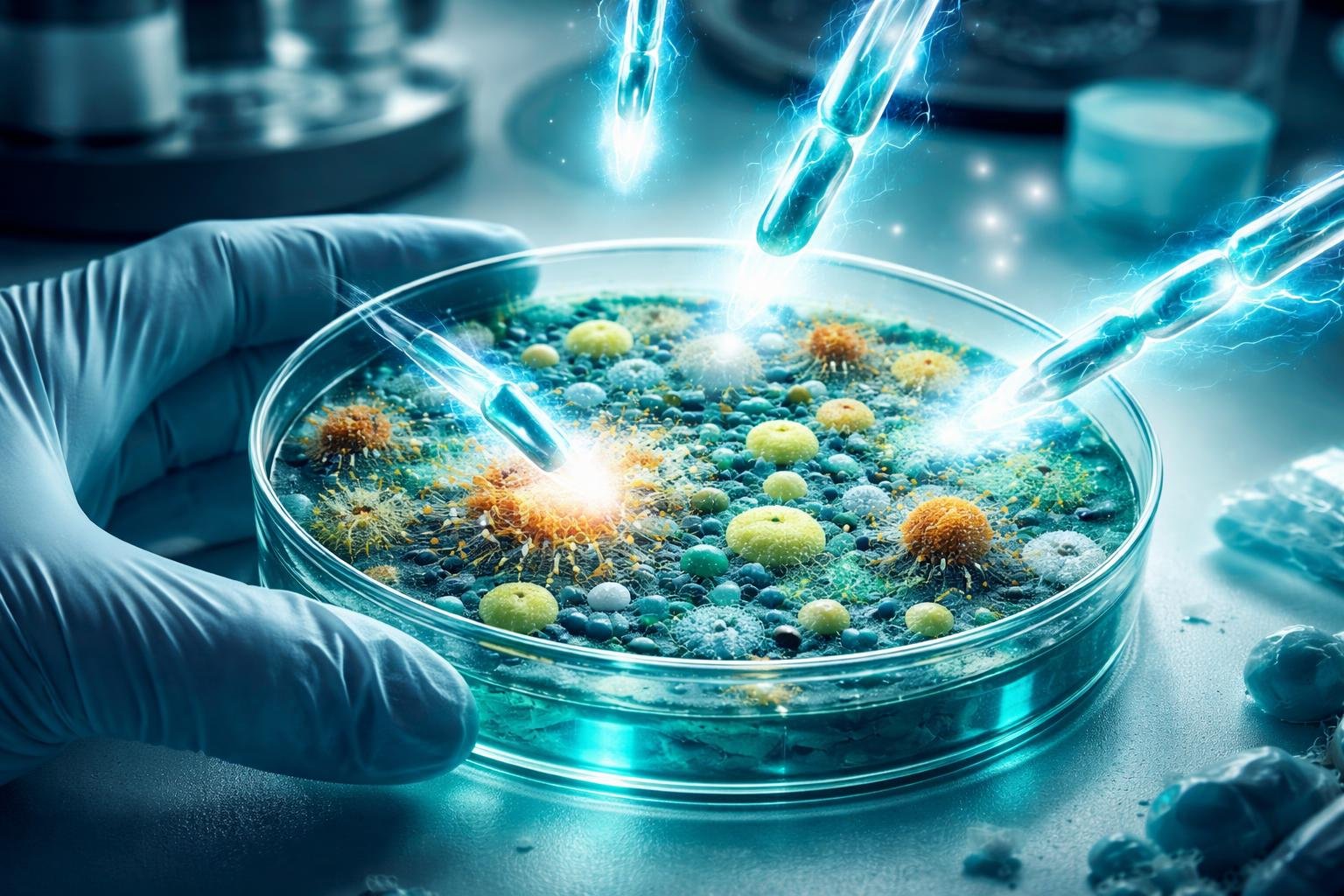 Antibiotikumos szer látható a mikroszkóp alatt, körülötte baktériumokkal keményen küzd.