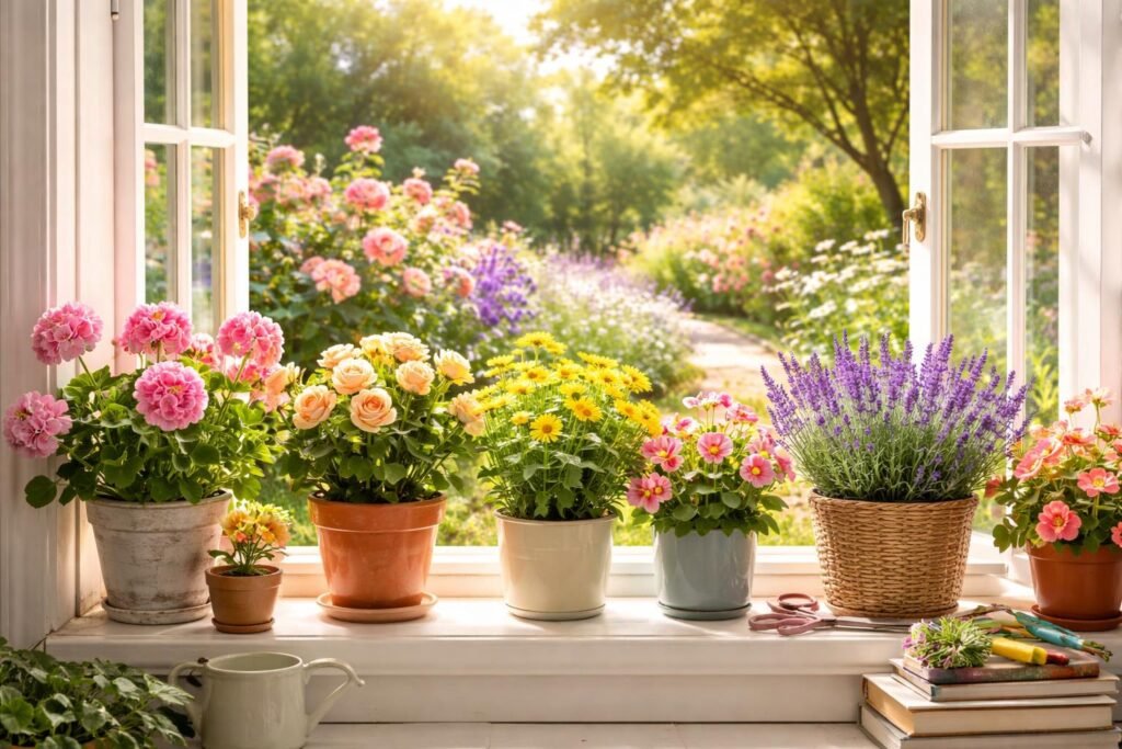 Színes virágok a nappali ablakában, frissítő zöld növényekkel körülvéve, barátságos központi hely.