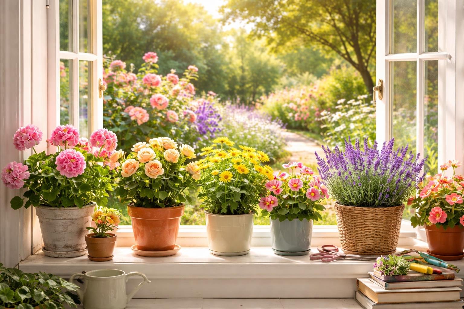 Színes virágok a nappali ablakában, frissítő zöld növényekkel körülvéve, barátságos központi hely.