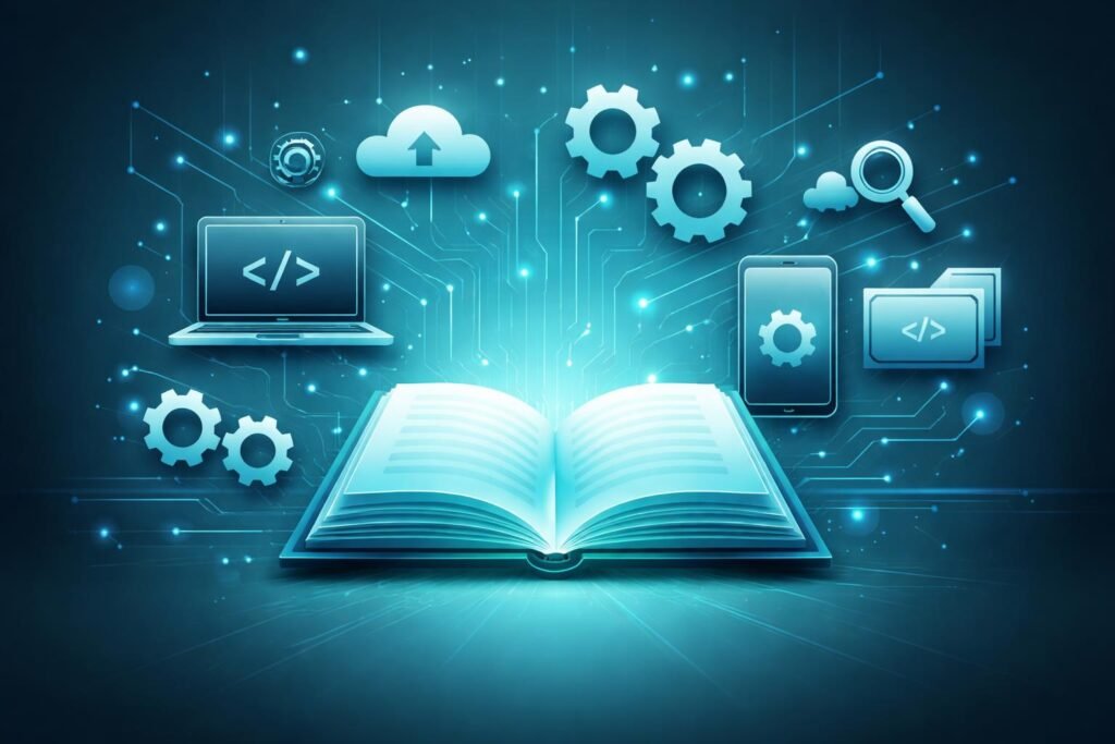 Különböző informatikai kifejezéseket és rövidítéseket összefogó szótár vizuálisan bemutatva tanulóknak.