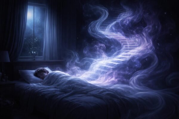 Álomszerű jelenet: sötét hálószoba, torz arcok és homályos fények körülöttünk.