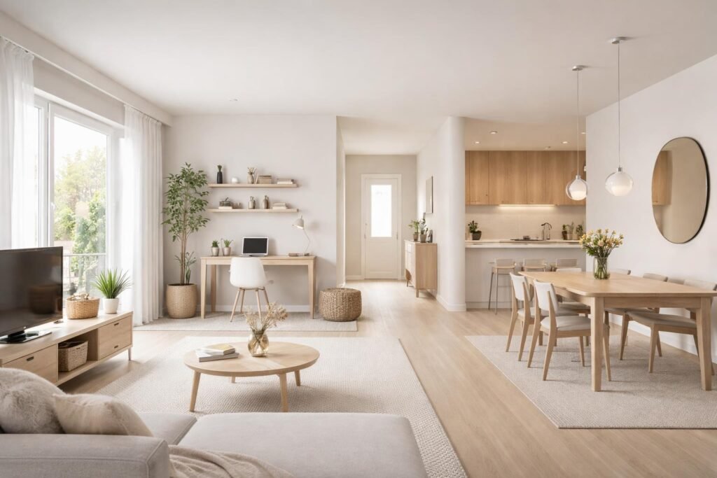 Térszervezés a bejárattól a konyhán át a nappaliba, tiszta útvonalak