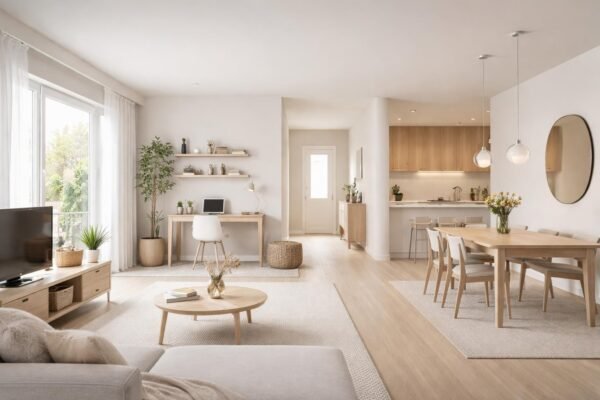 Térszervezés a bejárattól a konyhán át a nappaliba, tiszta útvonalak