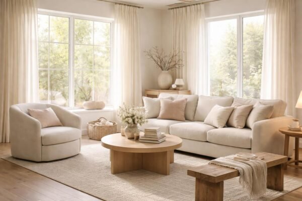 Harmonikus nappali bézs alapszínnel, lágy megvilágítással, 1–2 hangsúlyfestékkel és textilekkel.