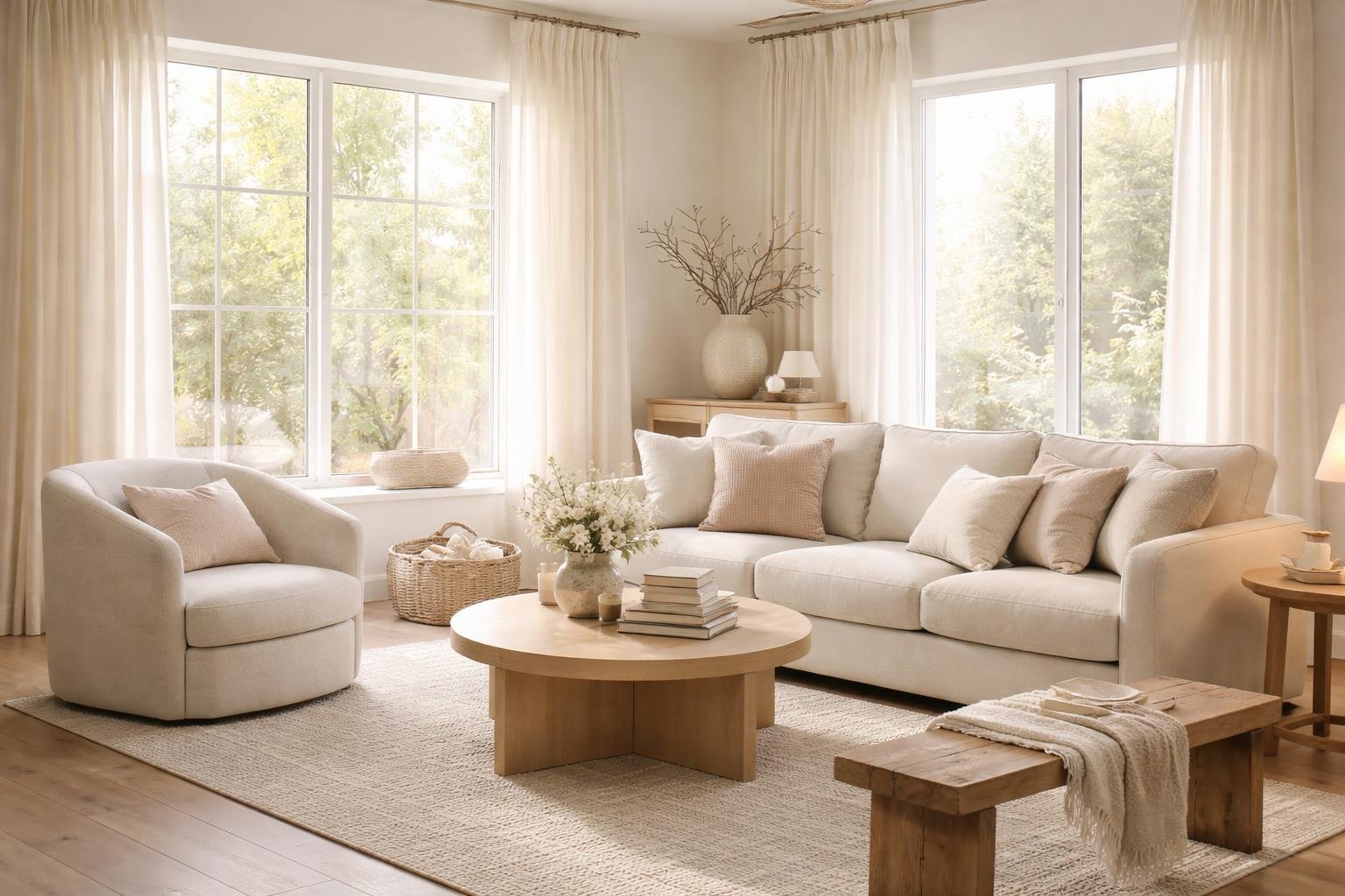 Harmonikus nappali bézs alapszínnel, lágy megvilágítással, 1–2 hangsúlyfestékkel és textilekkel.