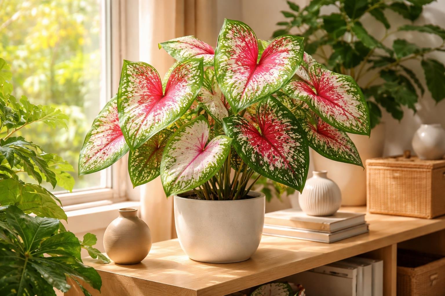 Trópusi Caladium lombok szív alakúak, élénk zöld, fehér és rózsaszín mintákkal.